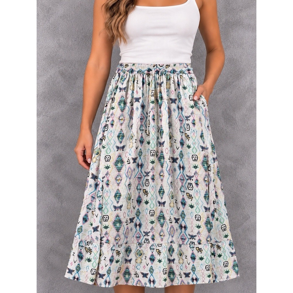 Zadig & Voltaire Joho Kilim Skirt Womens 38 White Geometric Print Boho Midi